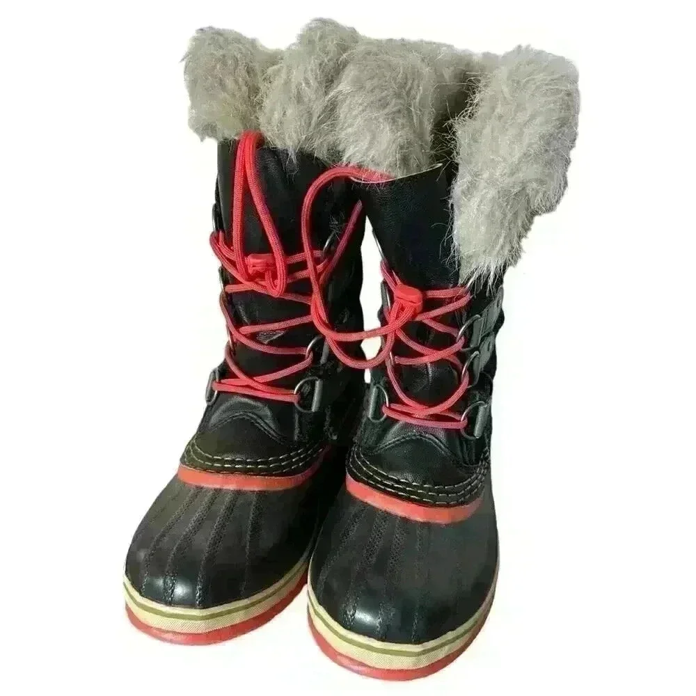 Sorel Joan of Arc Boot Girls Size 4 Black Suede Orange Rubber Waterproof